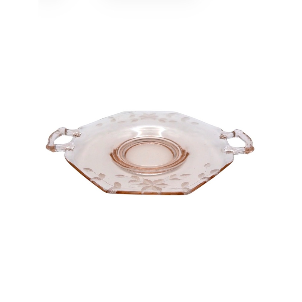 Vintage Pink Depression Glass Etched Serving Tray Handled Plate Floral Octogan